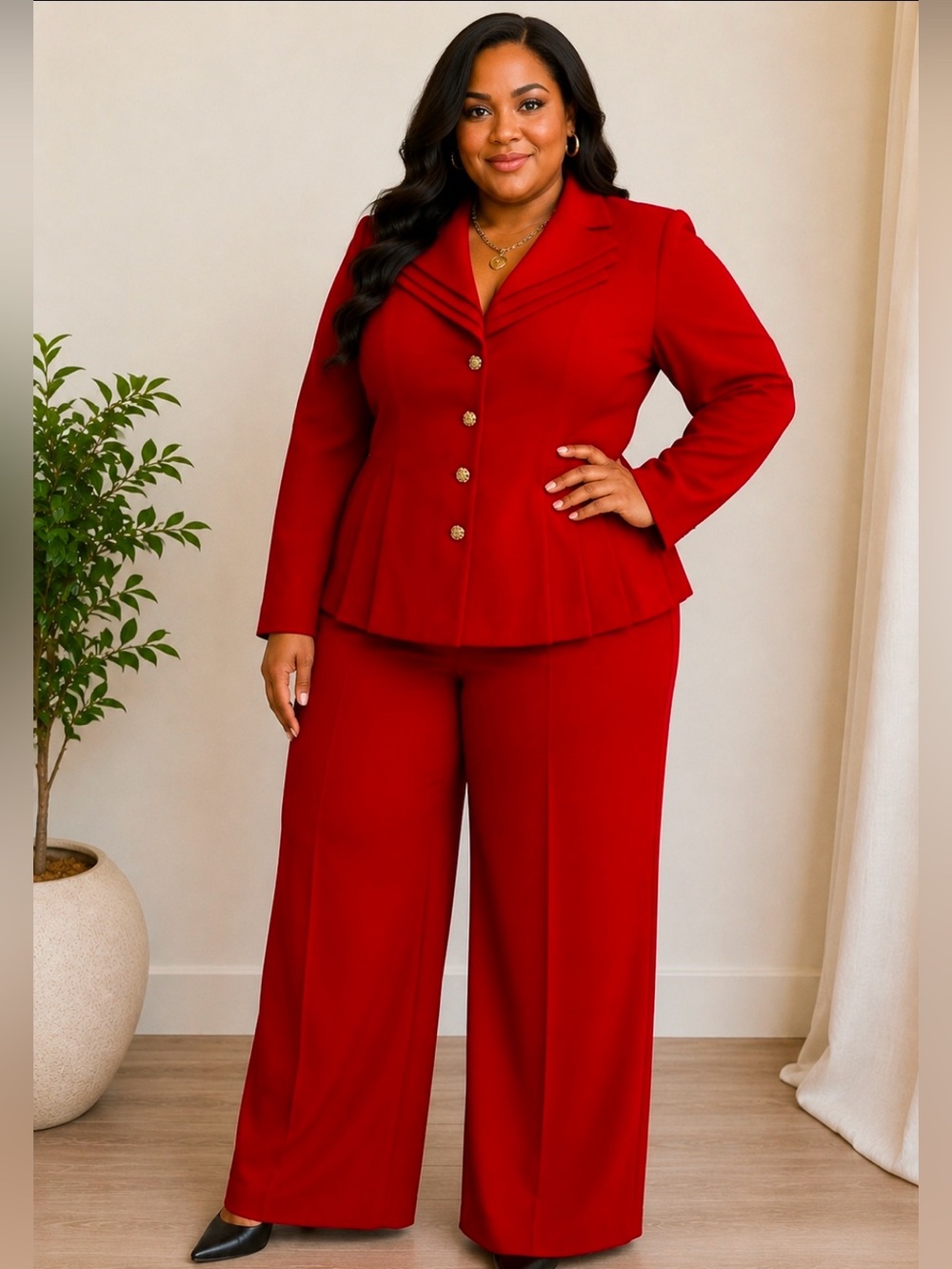 Danny & Nicole Red Peplum Blazer & Wide-Leg Pant Set 16